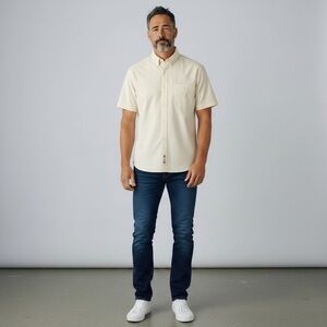 Alexander Lloyd Button Down Short Sleeve Dress Shirt. Cream Size 17.5 Tall #1851